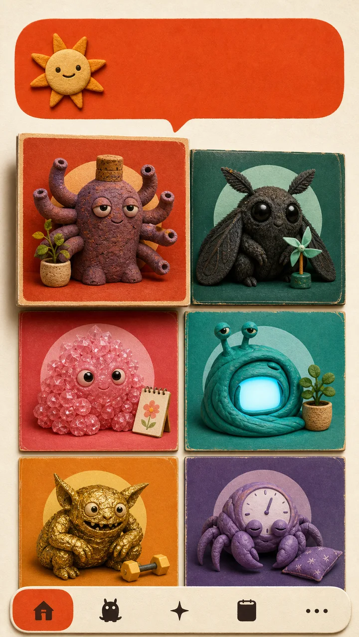 Six tactile creature portraits arranged as colorful square record sleeves