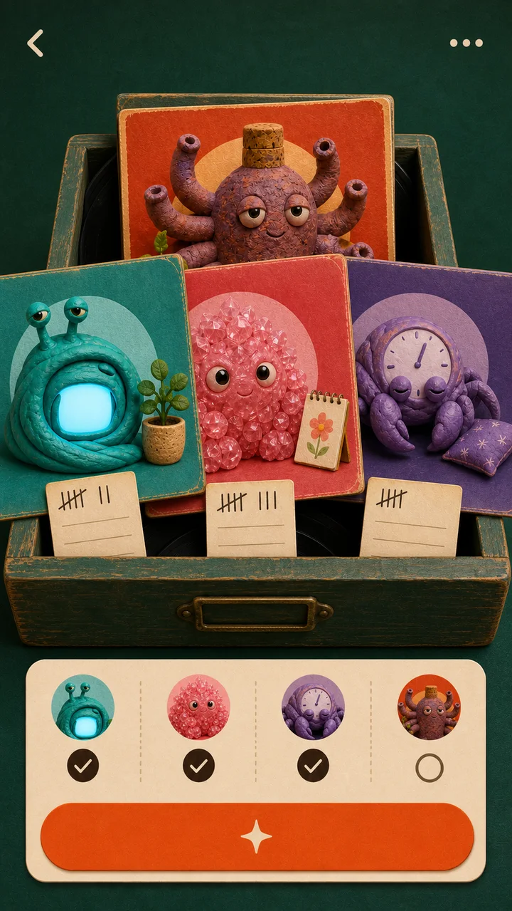 A wooden record crate holding four colorful creature sleeves and simple paper tally cards